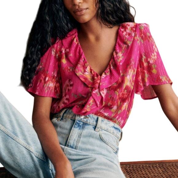 Sezane Jasmine Blouse Helena Fusion All Over Floral Womens 6 Ruffle V Neck - Picture 1 of 10